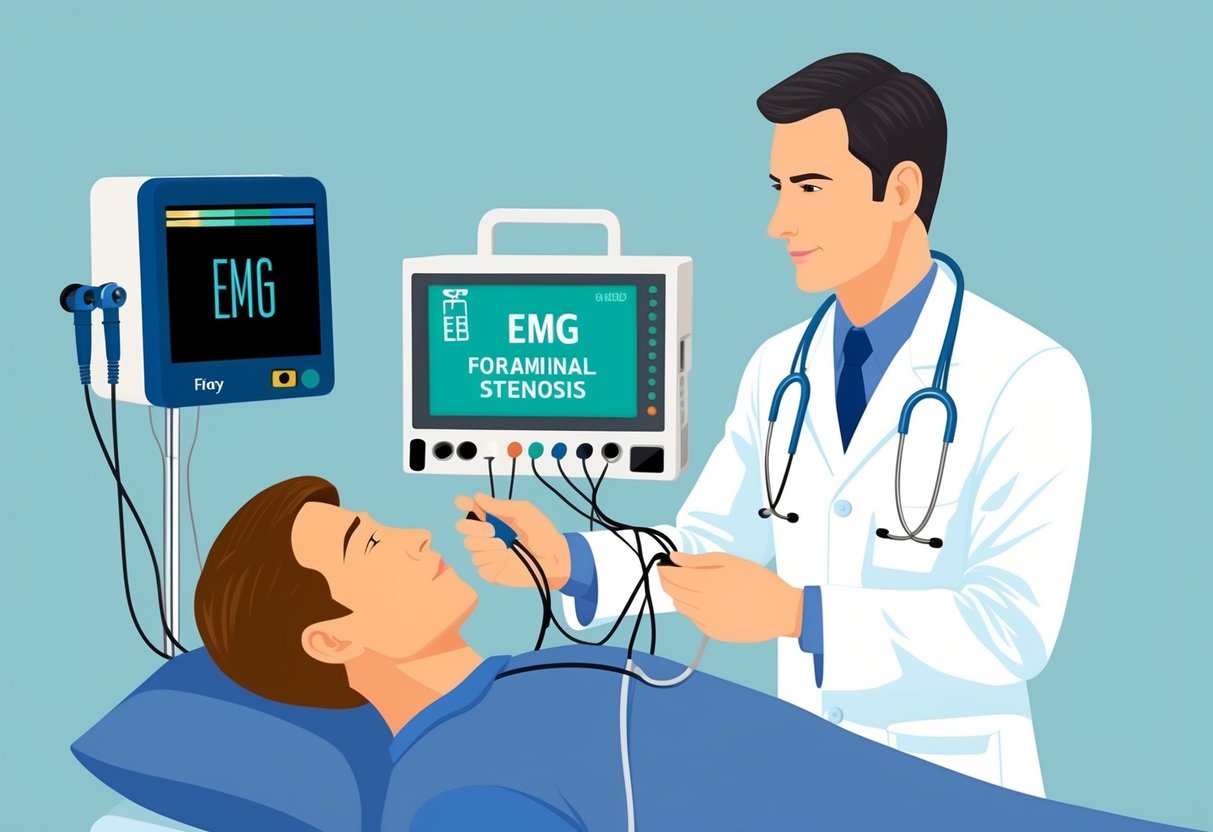 A doctor performing an EMG test on a patient to diagnose foraminal stenosis, using electrodes and a monitoring machine