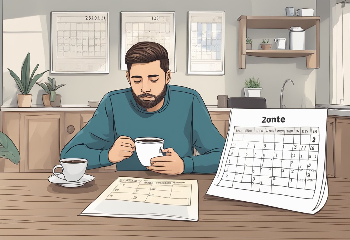 A person sitting at a table with a cup of coffee, looking at a calendar with a date marked for wisdom teeth removal