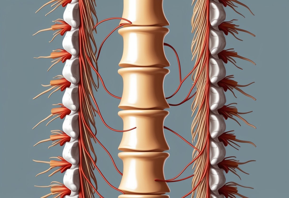 A spinal column with a narrowed central canal and compressed nerve roots at the intervertebral foramina