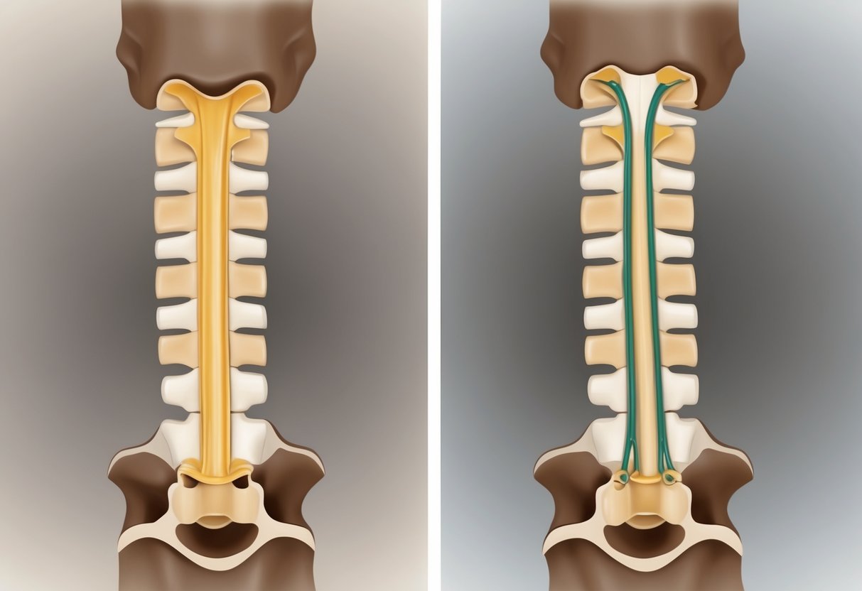 A side-by-side comparison of a healthy spinal canal and a narrowed canal due to central and foraminal stenosis