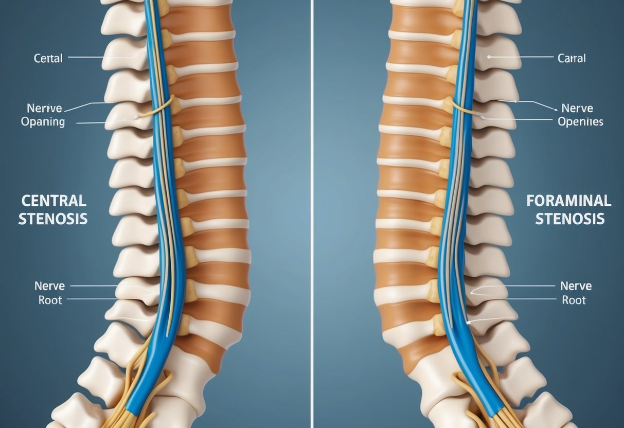 A cross-section of the spinal column, with one side depicting central stenosis and the other side depicting foraminal stenosis, showing the differences in compression and narrowing of the spinal canal and nerve root openings