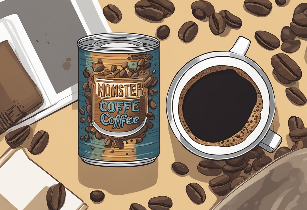 A can of Monster Coffee sits on a table, surrounded by scattered coffee beans and a steaming cup