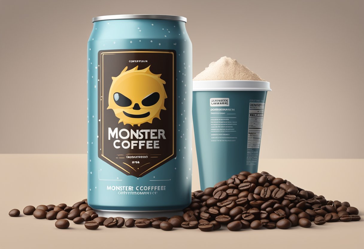 A can of Monster coffee surrounded by coffee beans and a nutritional information label with caffeine content