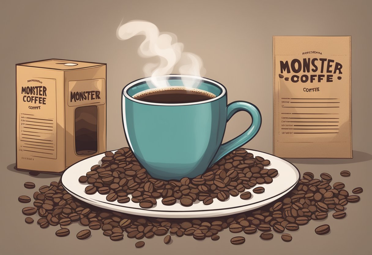 A steaming cup of Monster coffee sits on a table, surrounded by scattered coffee beans and a caffeine content label