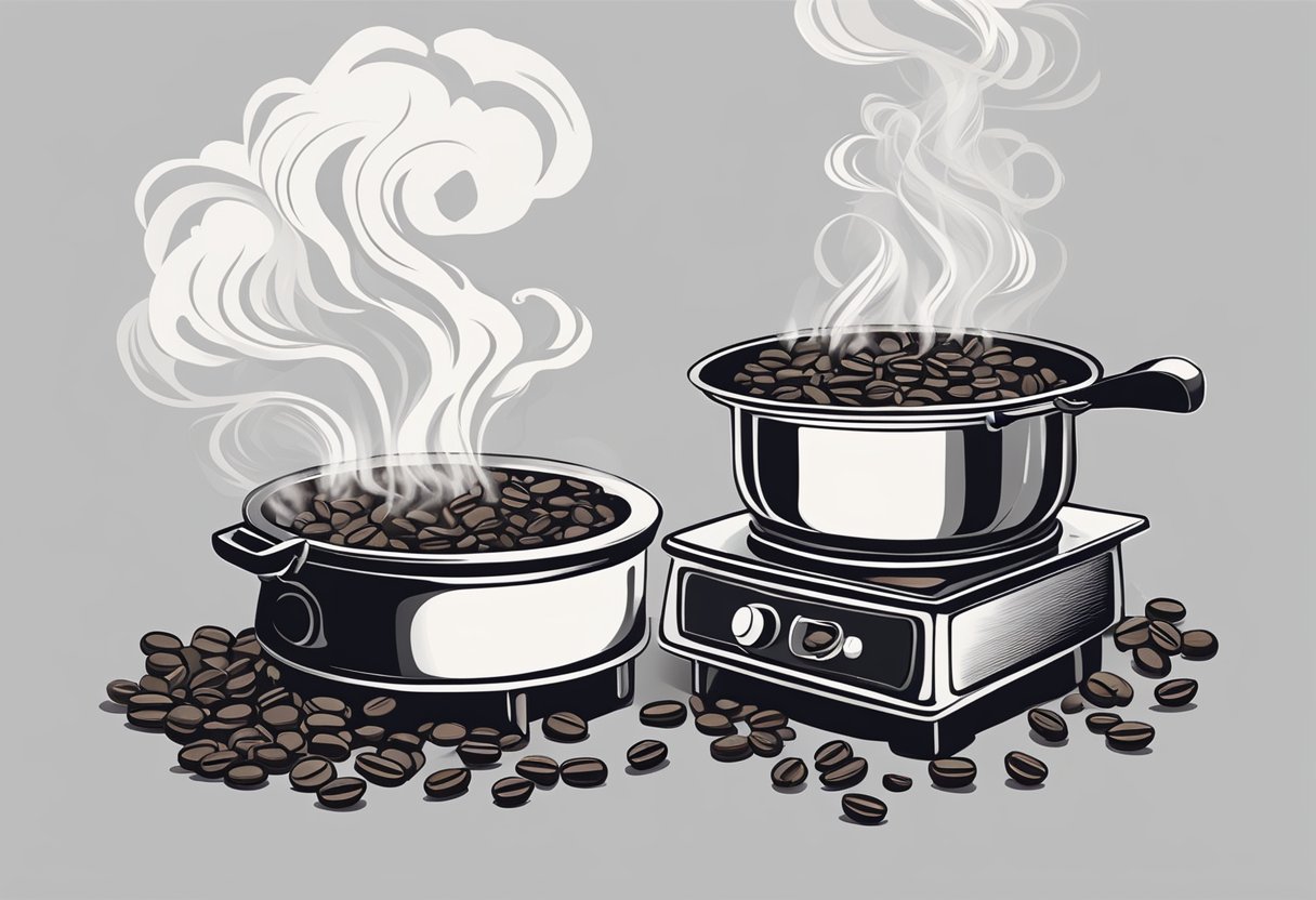 Coffee beans and smoke rising from a scorched pot on a stove. A pungent aroma fills the air as the beans darken and emit a faint haze