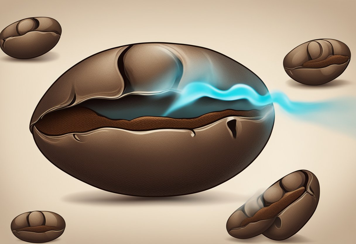 A coffee bean releasing smoke and transforming into a chemical compound with visual effects