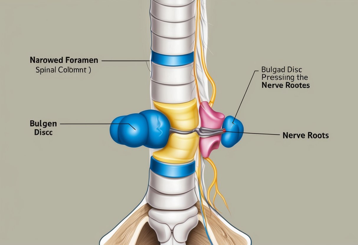 A cross-section of a spinal column, with a narrowed foramen and a bulging disc pressing on the nerve roots