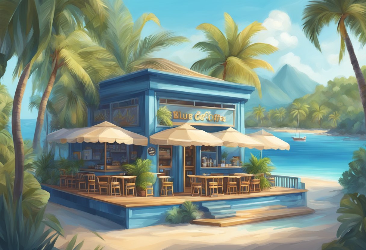 A cozy cafe with a sign reading "Blue Island Coffee" on a sunny tropical island surrounded by blue waters and palm trees