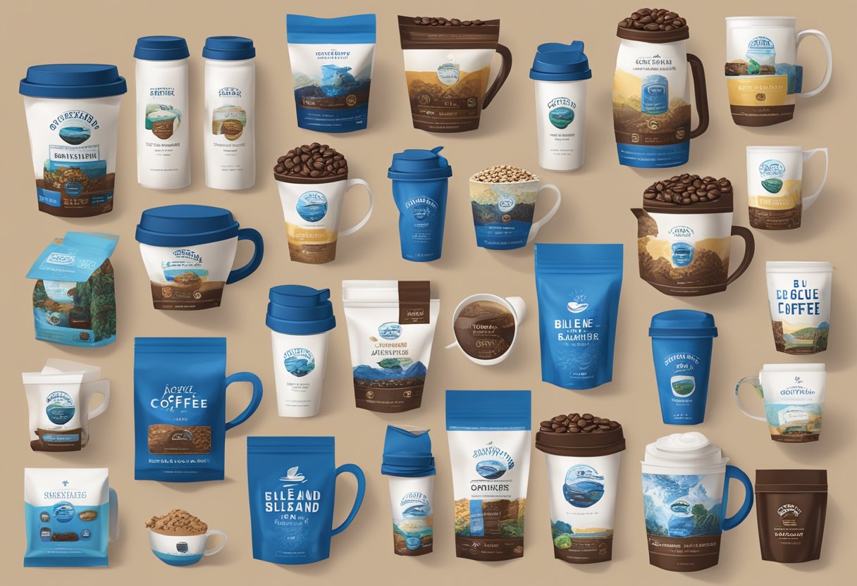 A display of various coffee selections and products, including Blue Island Coffee branding