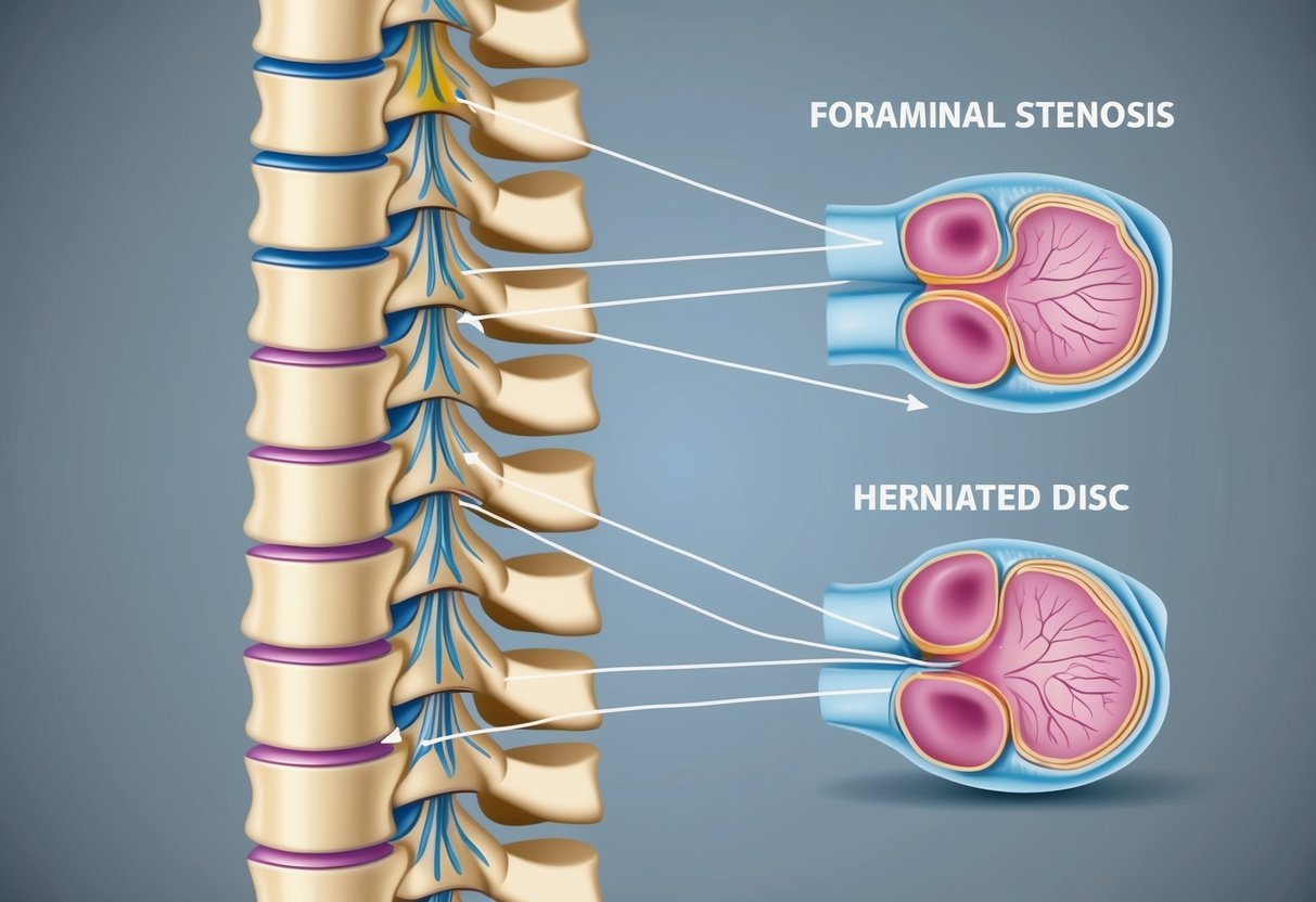 A detailed illustration of a spinal column with clear depictions of foraminal stenosis and a herniated disc, highlighting the differences in the affected areas