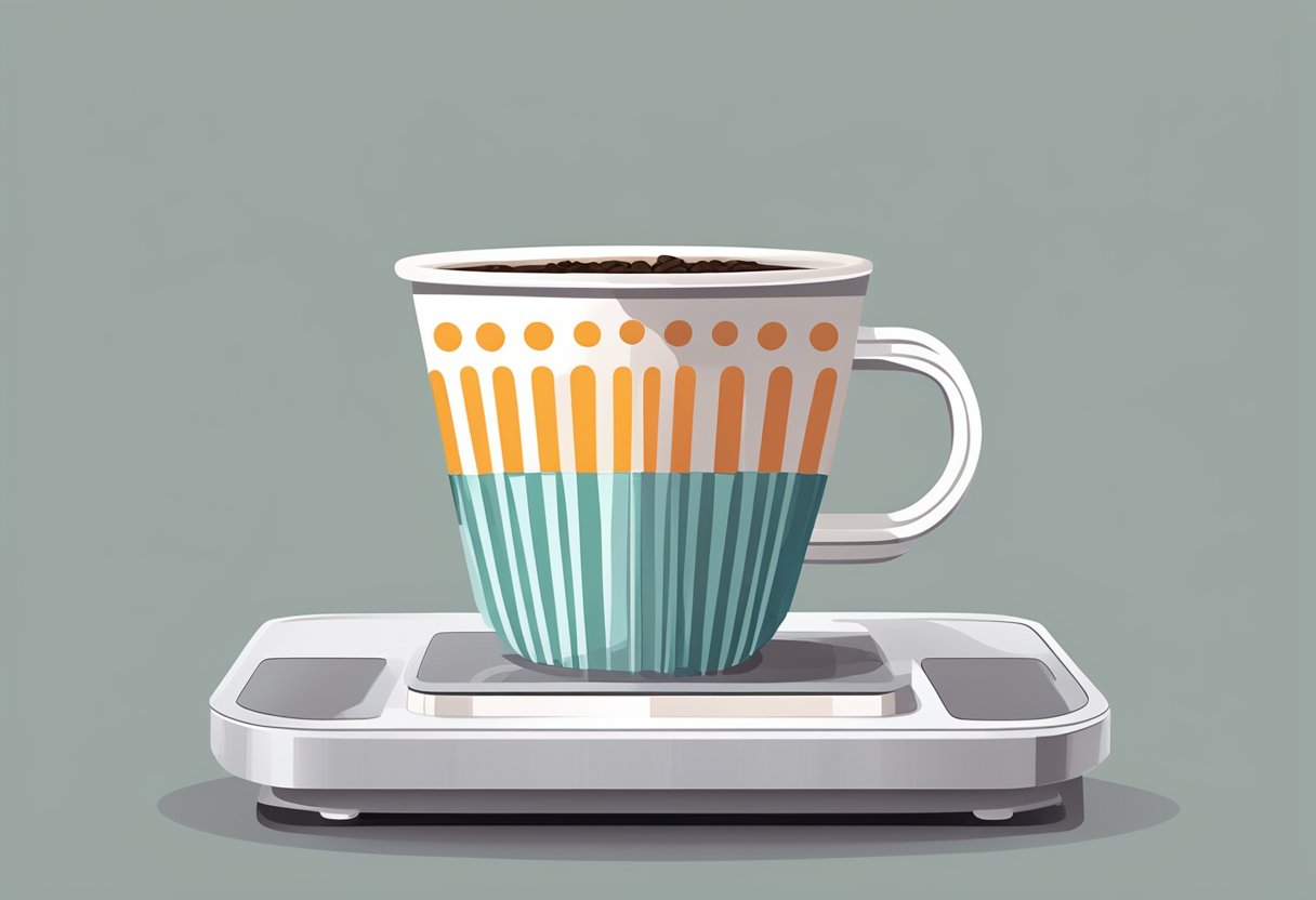 A medium Dunkin' coffee cup sits on a scale, showing the weight in ounces