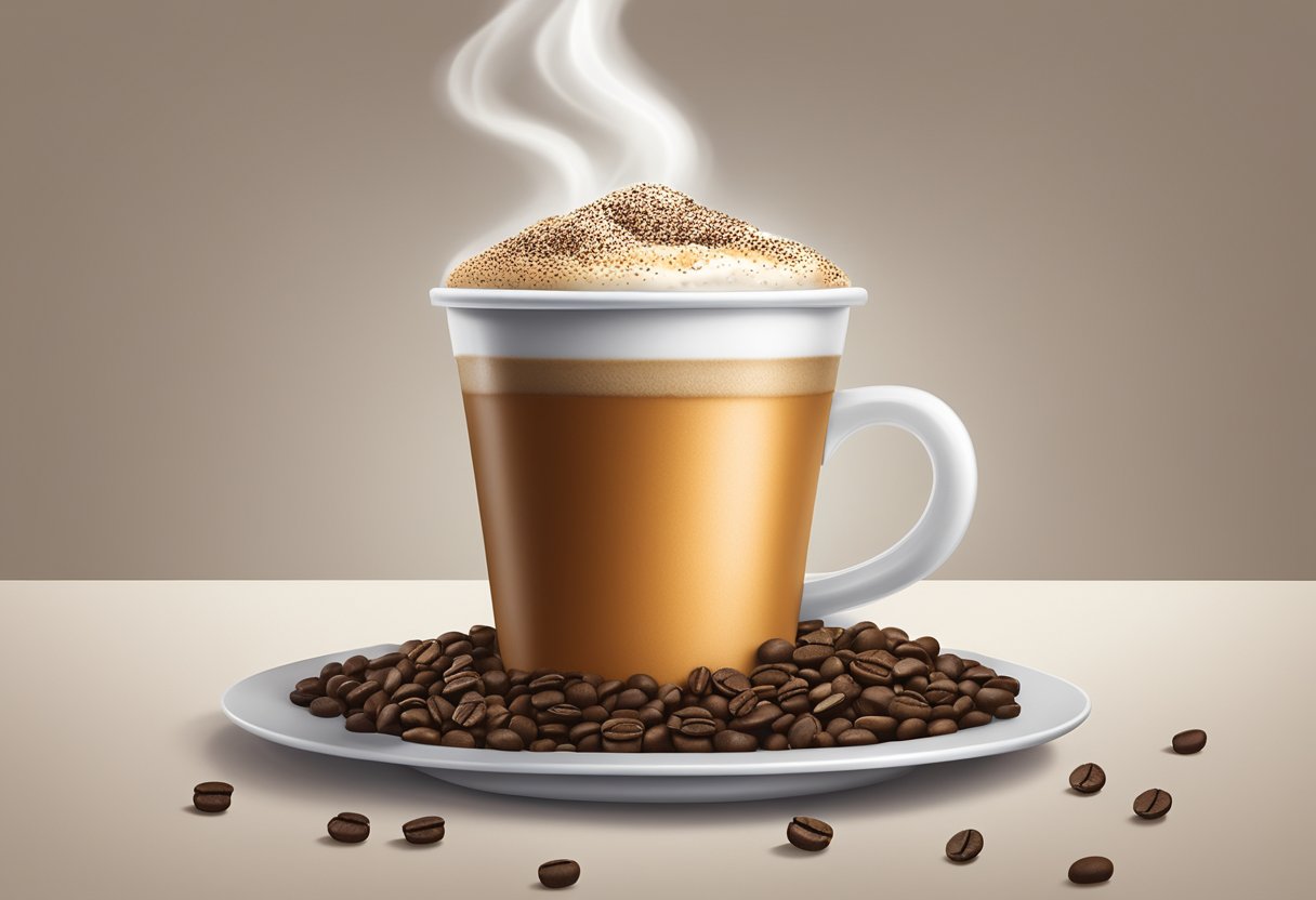 A medium Dunkin' coffee cup sits on a table, steam rising from the dark liquid within. The cup is surrounded by coffee beans and a simple, clean background