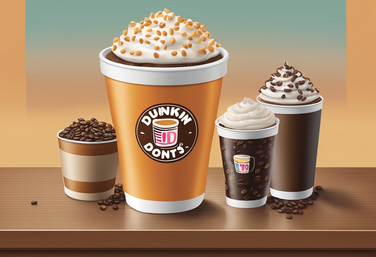 A medium Dunkin' Donuts coffee cup sits on a table, filled with steaming hot coffee, surrounded by various coffee flavor options