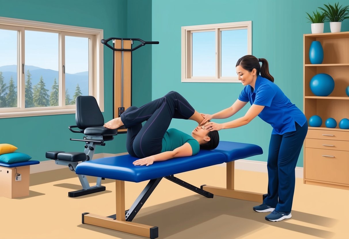 A physical therapy room with exercise equipment and a therapist guiding a patient through stretches and strengthening exercises for foraminal stenosis