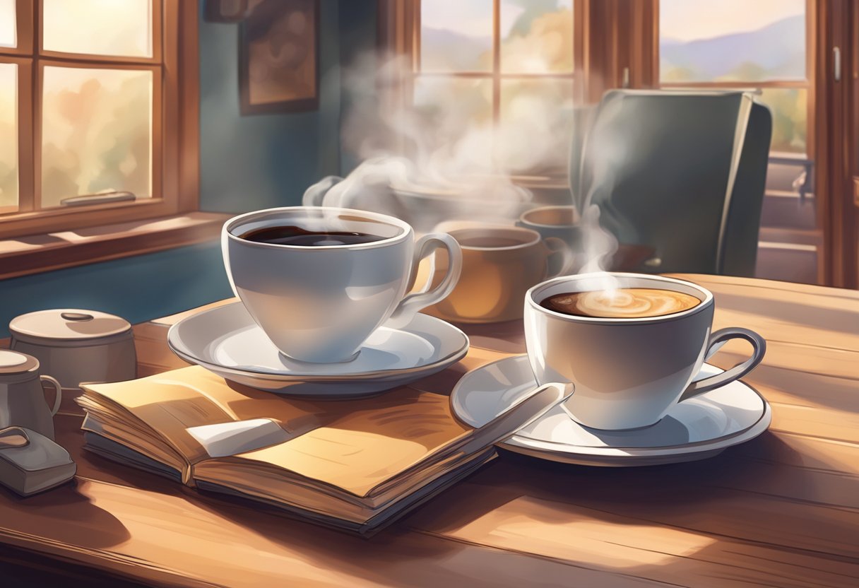 A steaming cup of coffee sits on a table, surrounded by a cozy and inviting atmosphere