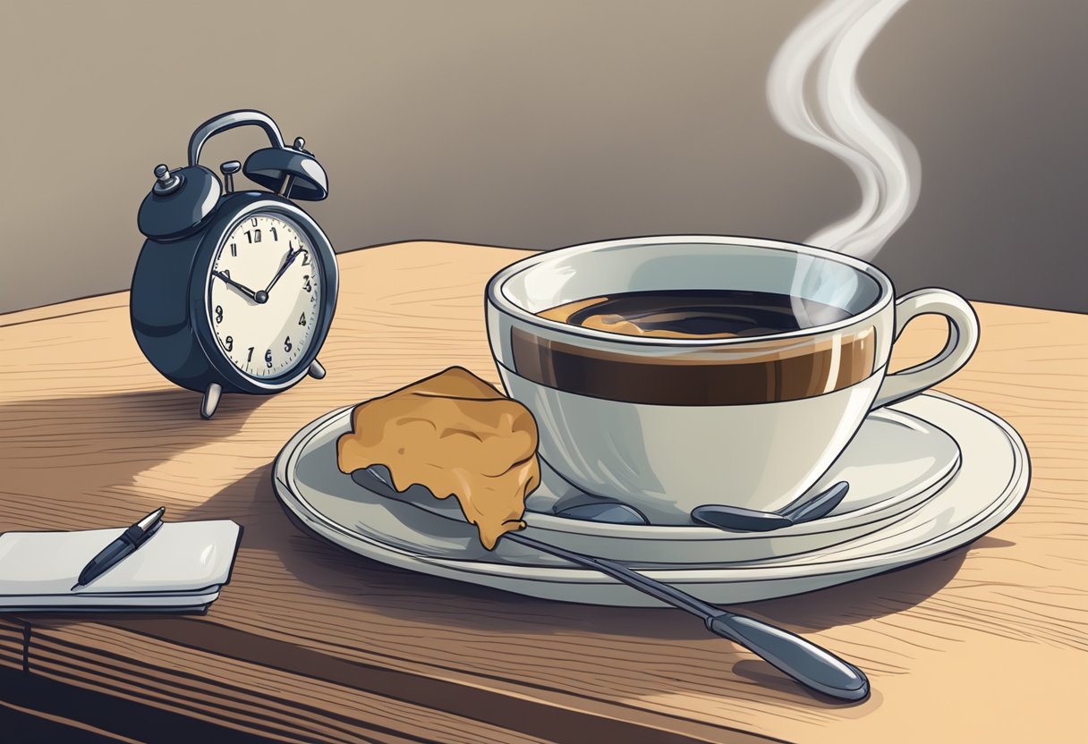 A steaming cup of coffee sits untouched on a table next to a clock showing the time has passed since a tooth extraction