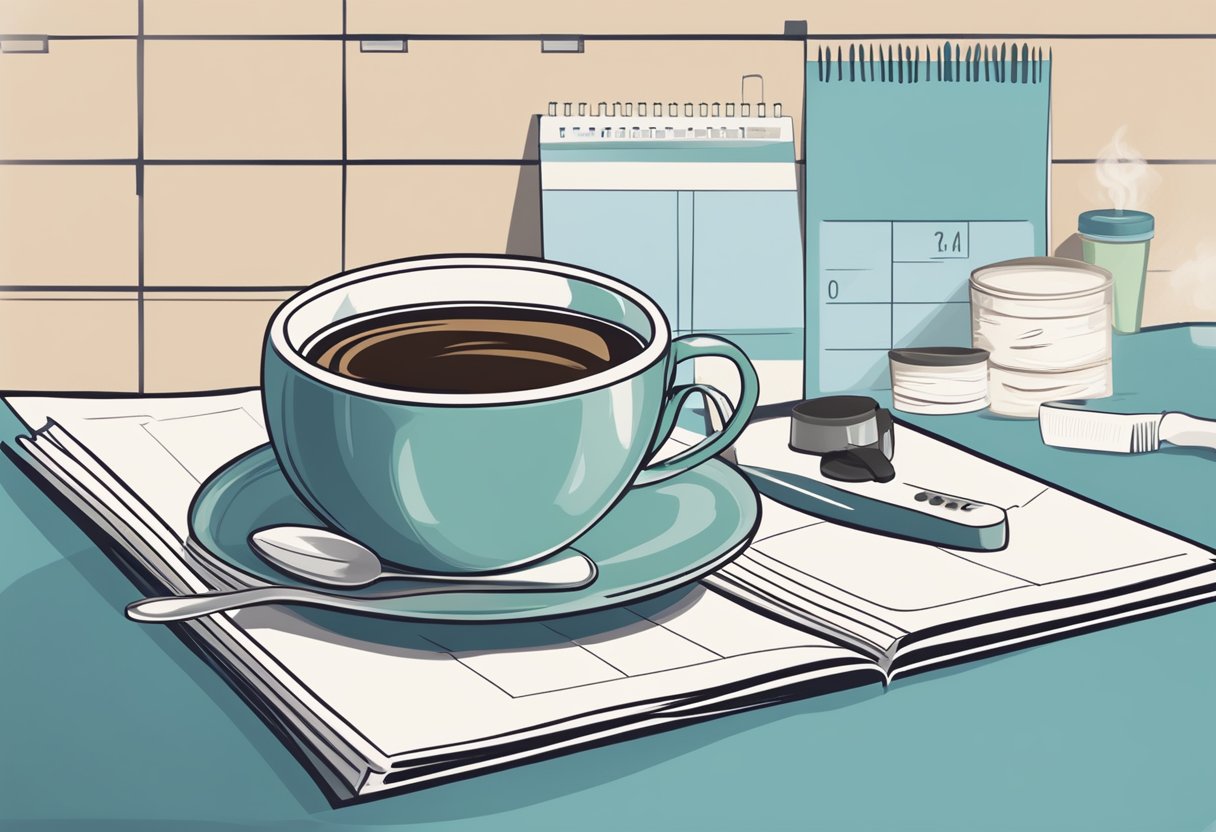 A steaming cup of coffee sits on a table next to a calendar with a date circled. A toothbrush and toothpaste are nearby