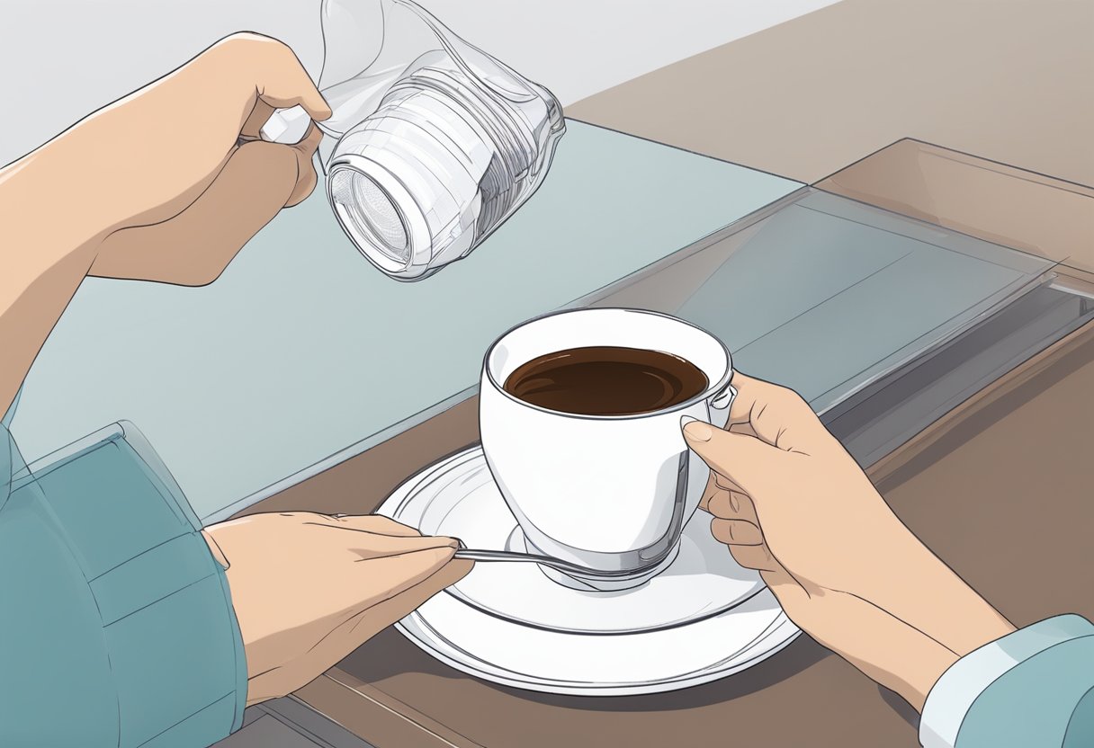 A person places a cup of coffee on a table, with a clear aligner case nearby