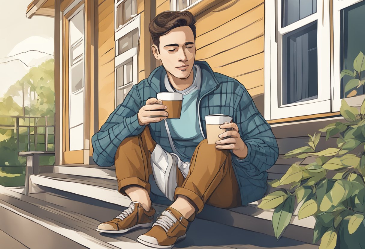 A person sitting on a sunny porch, holding a cold cup of coffee, with a bandage on their mouth