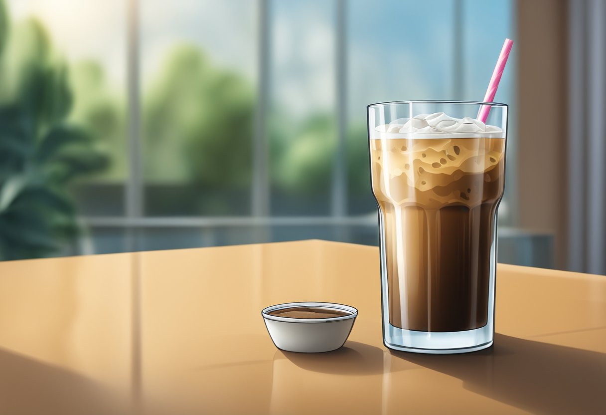 A glass of cold coffee sits on a table, condensation forming on the outside. A straw is placed next to the glass, ready to be used