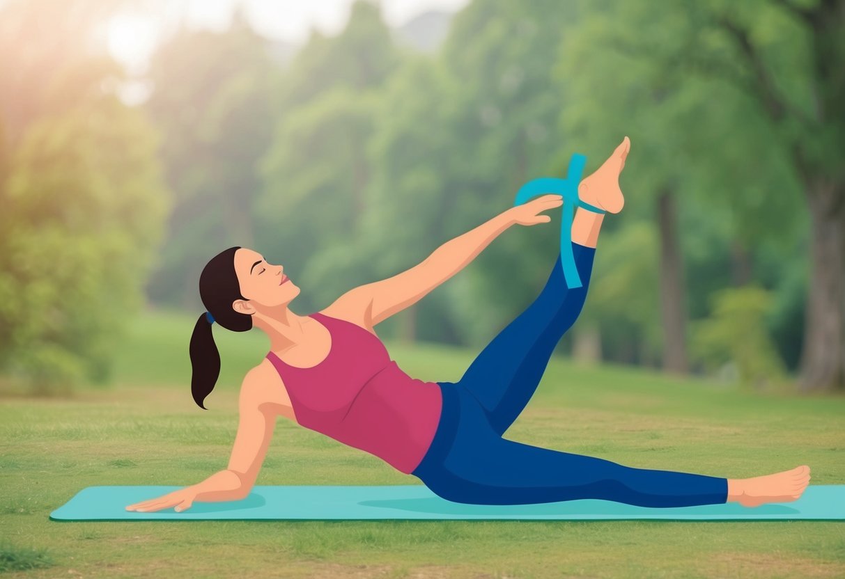 A person performing gentle stretching and strengthening exercises in a peaceful outdoor setting