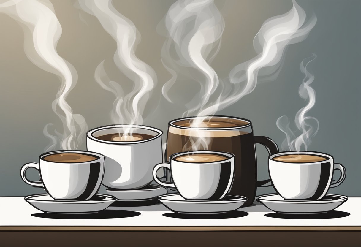 A steaming gallon of coffee pours into multiple cups on a table