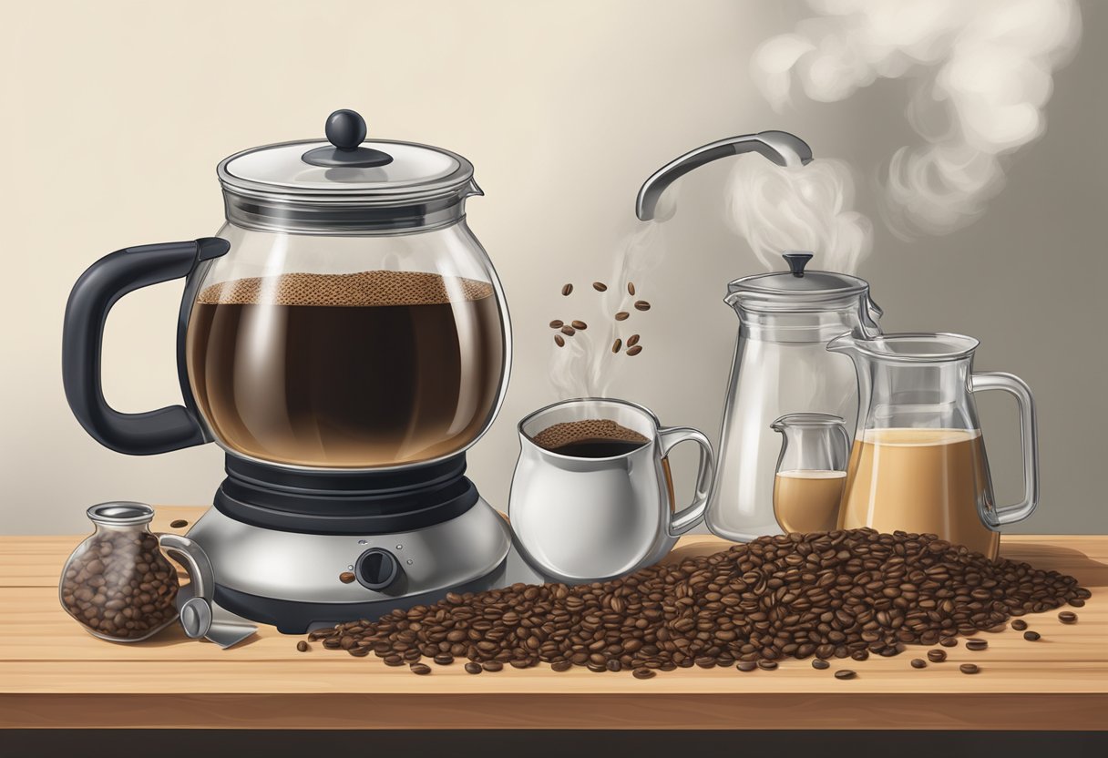 A steaming kettle pours into a large glass jar, surrounded by bags of coffee beans and measuring tools