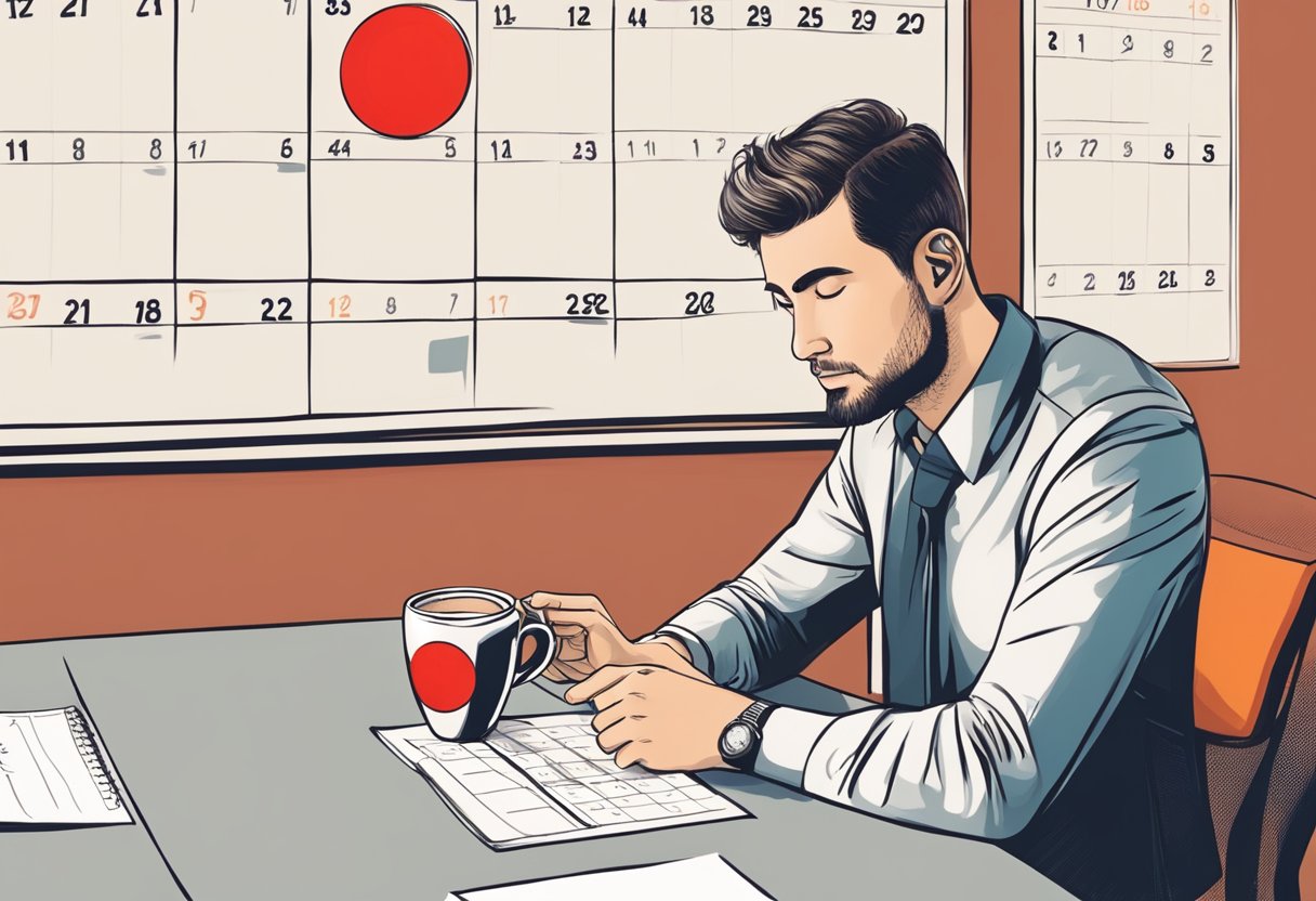 A person sitting at a table with a cup of coffee, looking at a calendar with a red circle around a date