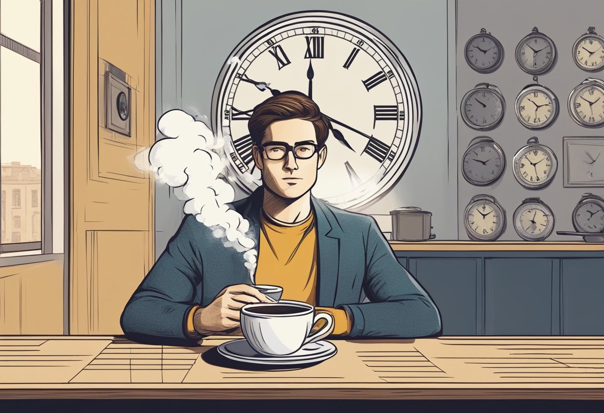 A person sitting at a table with a steaming cup of coffee, while a clock on the wall shows the passing of time