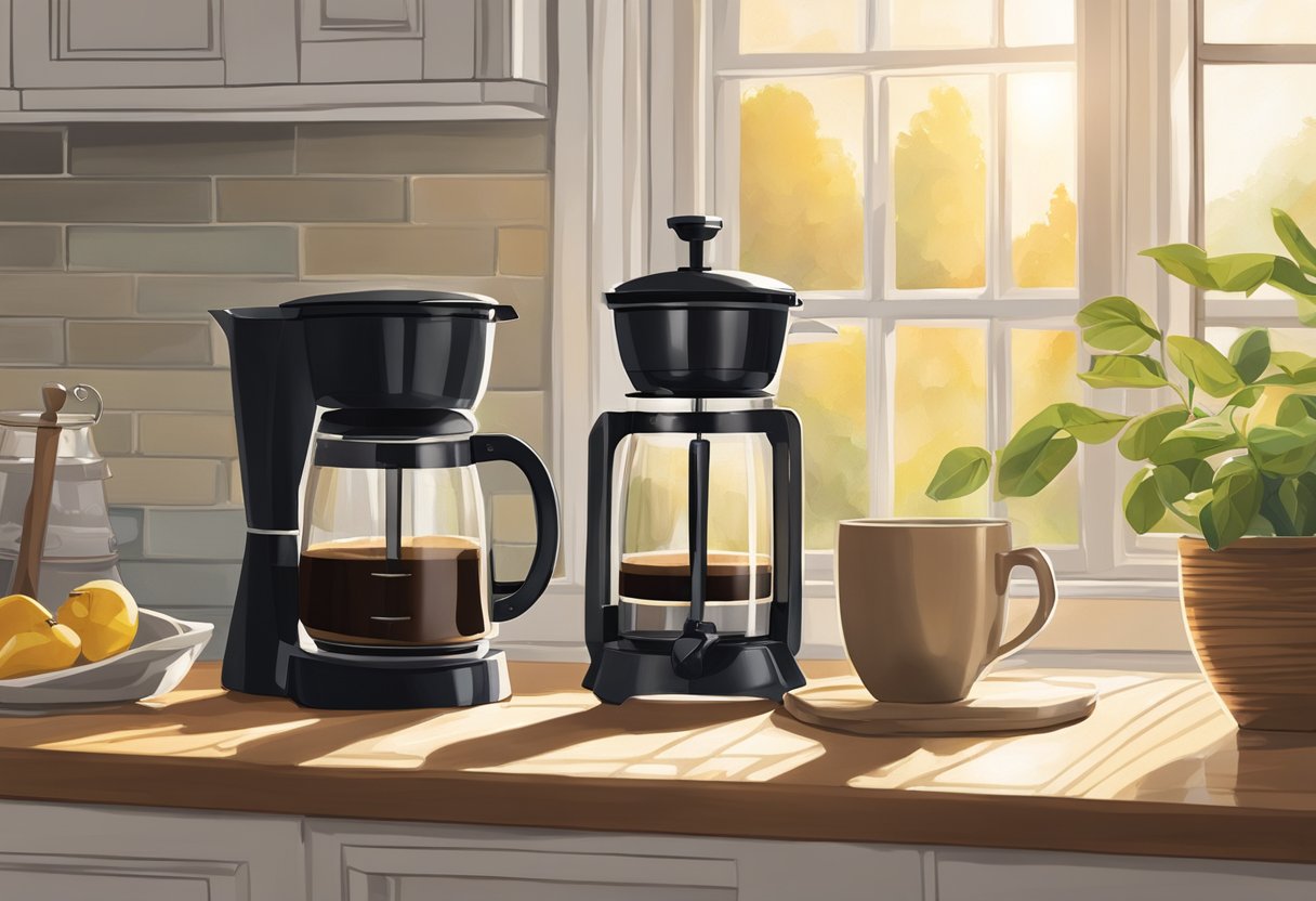 A bag of Wellsley Farms coffee sits on a kitchen counter next to a coffee grinder and a French press. Sunlight streams in through the window, casting a warm glow over the scene