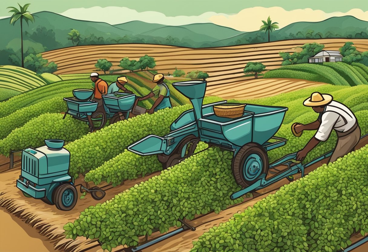 A coffee bean farm with workers harvesting and processing beans. Machinery and equipment used in production