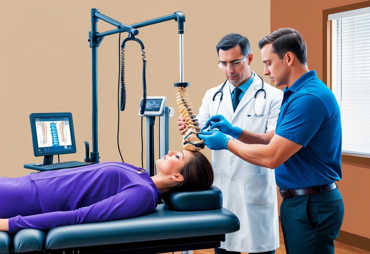 A chiropractor performing diagnostic procedures on a patient with foraminal stenosis, using specialized equipment and techniques to assess the spinal condition