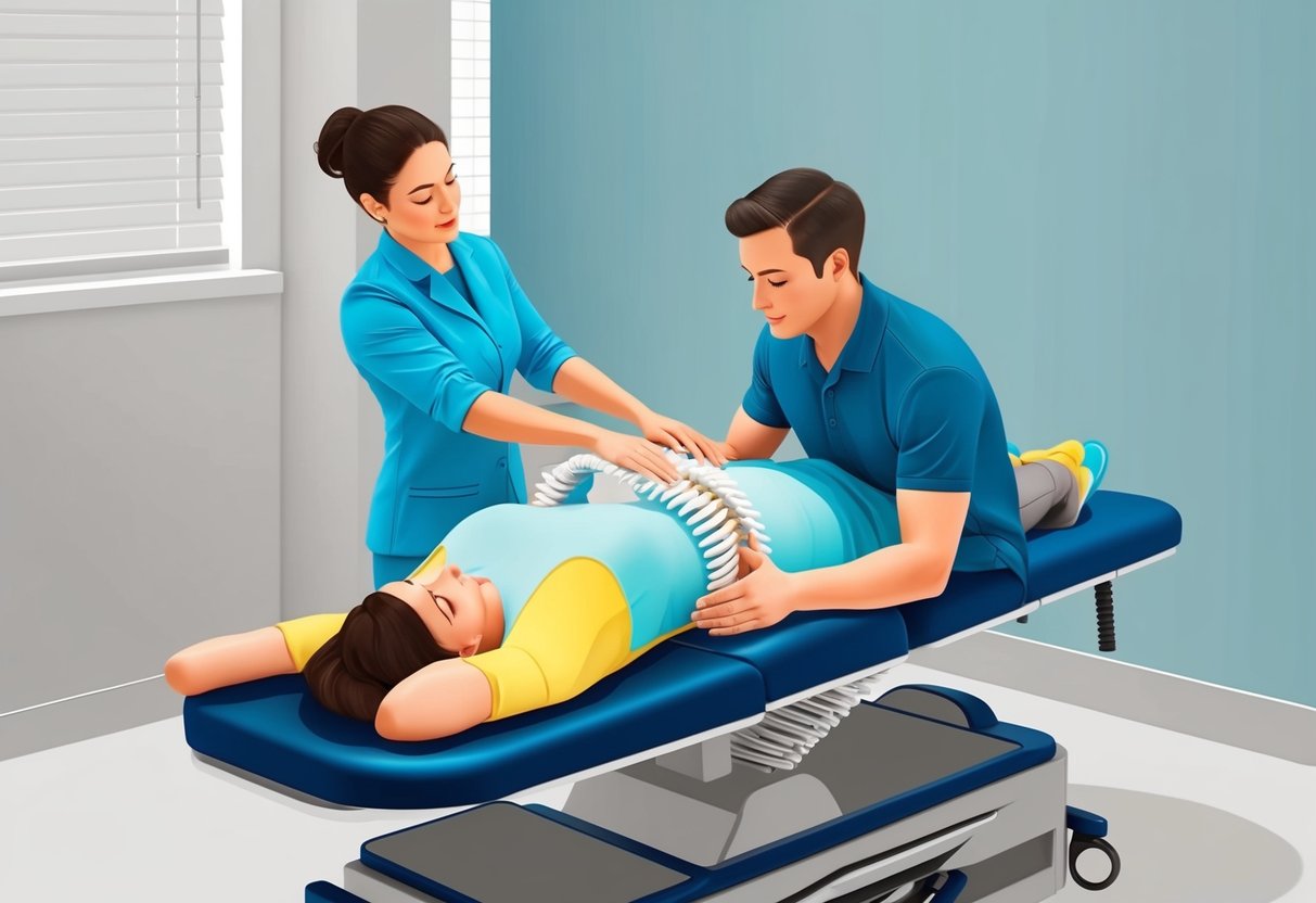 A person receiving chiropractic care for foraminal stenosis, with a chiropractor performing spinal adjustments on a specialized table