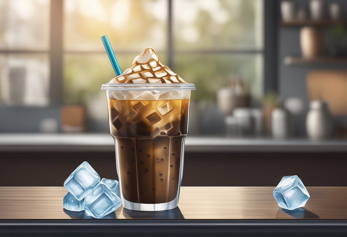 A medium iced coffee cup sitting on a counter, surrounded by ice cubes and condensation, with a straw poking out