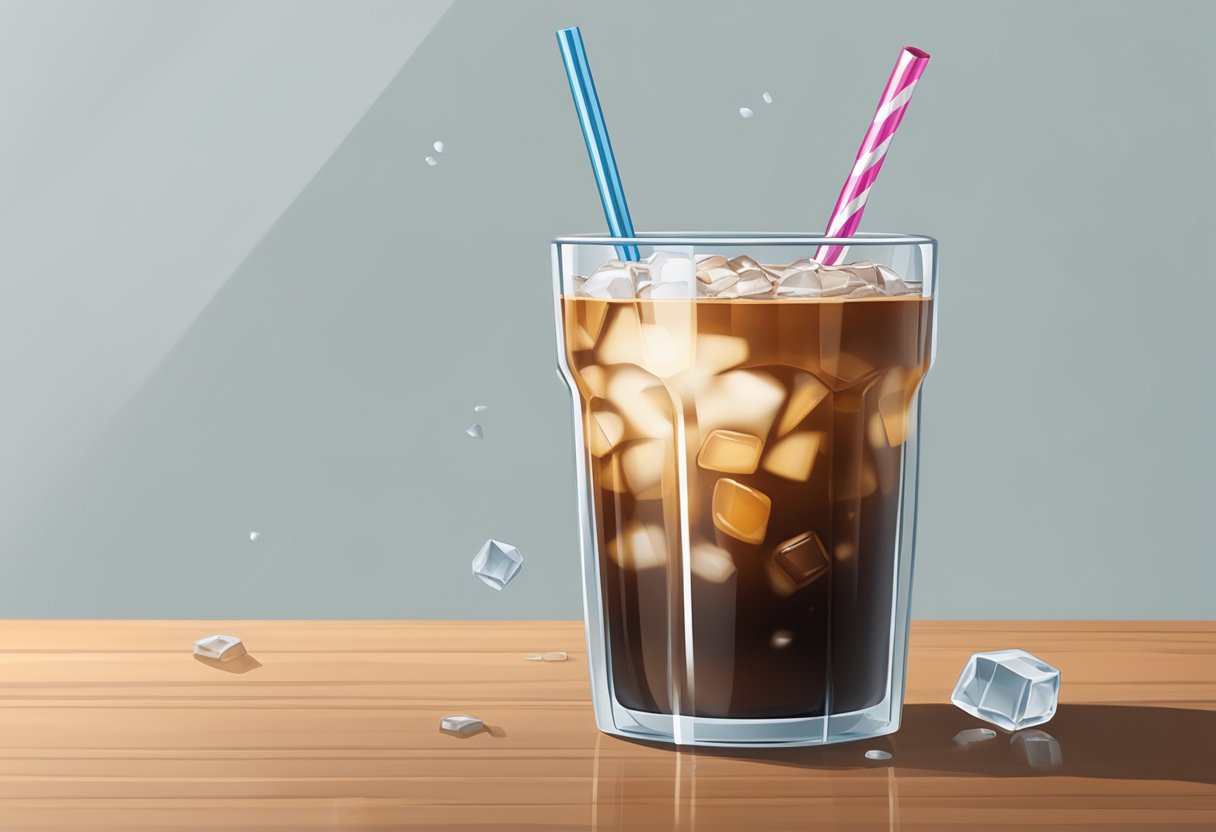 A medium iced coffee sits on a table, condensation forming on the outside of the cup. A straw is inserted into the drink, with ice cubes visible through the clear plastic