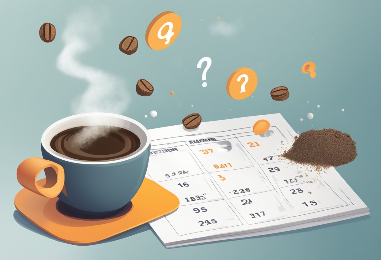 A calendar with a date circled in red, a cup of coffee with mold growing on the surface, and a question mark hovering above