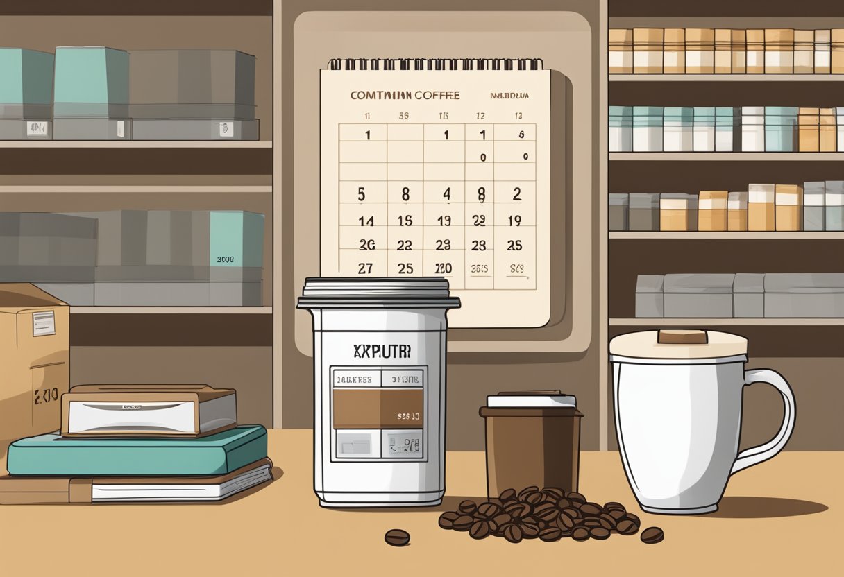 Airtight coffee container on a shelf, surrounded by beans and a calendar showing the expiration date