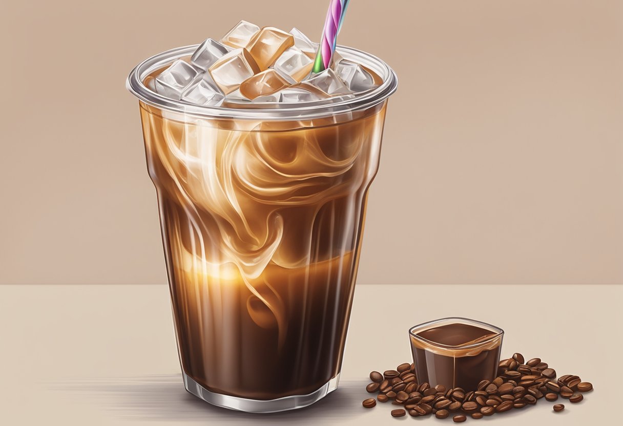 A medium Dunkin iced coffee sits on a table, condensation forming on the outside of the cup. The coffee is a rich brown color and the ice cubes clink against the sides as the cup is moved