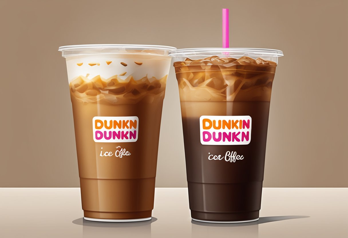 A medium Dunkin' iced coffee sits on a table, surrounded by a small and large cup. The medium cup holds 24 ounces of refreshing coffee