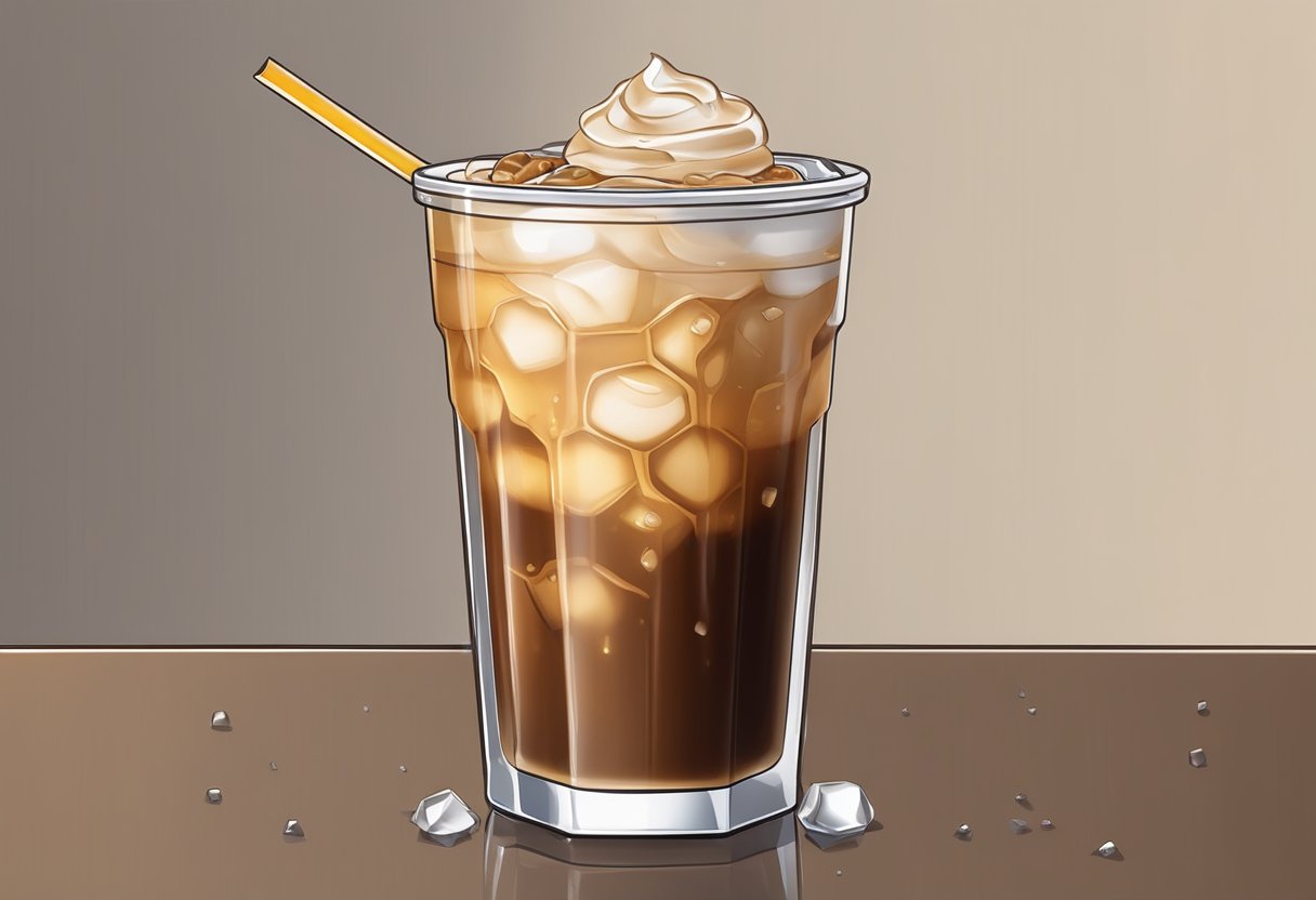 A medium iced coffee sits on a table, condensation forming on the outside of the cup. The drink is surrounded by ice cubes and a straw