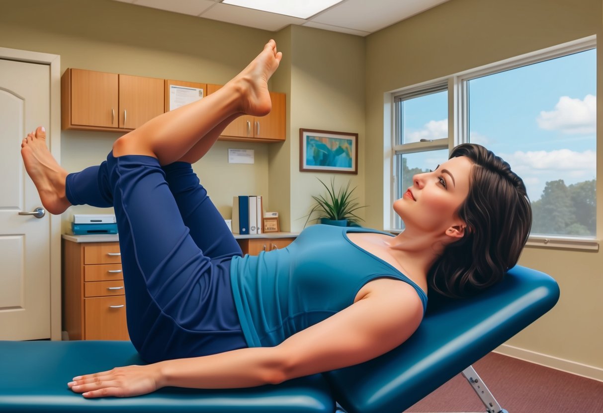 A person performing gentle stretching exercises in a physical therapy office