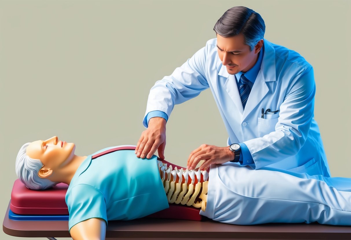 A doctor adjusting a patient's spinal model to demonstrate pain management for foraminal stenosis