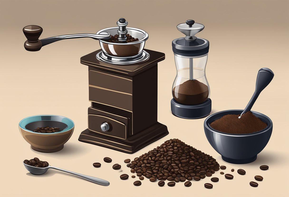 A coffee grinder filled with coffee beans, a glass jar with a dropper, and a small bowl of coffee grounds