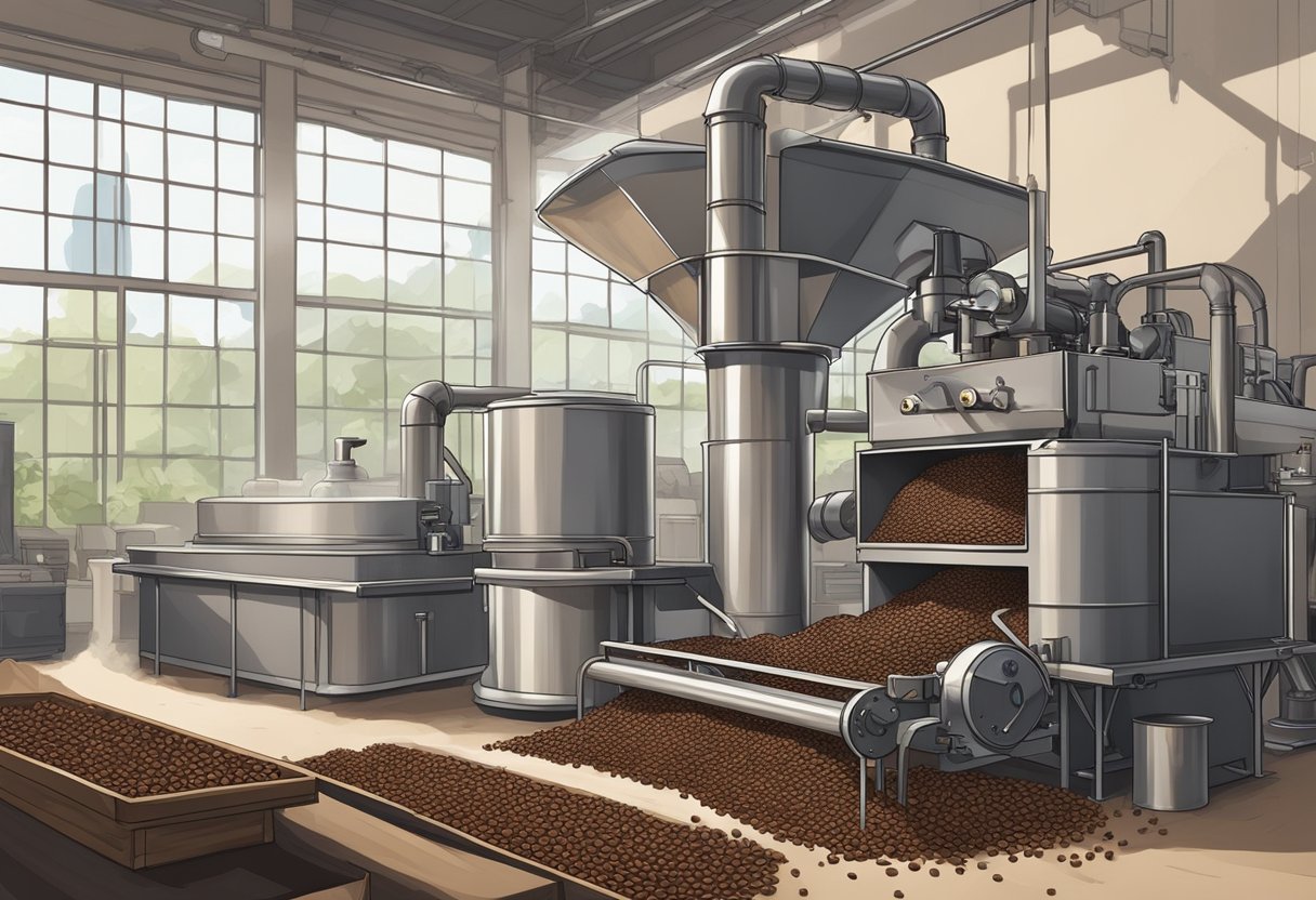 Coffee beans being crushed and pressed in a large industrial machine, with steam rising as the essential oil is extracted