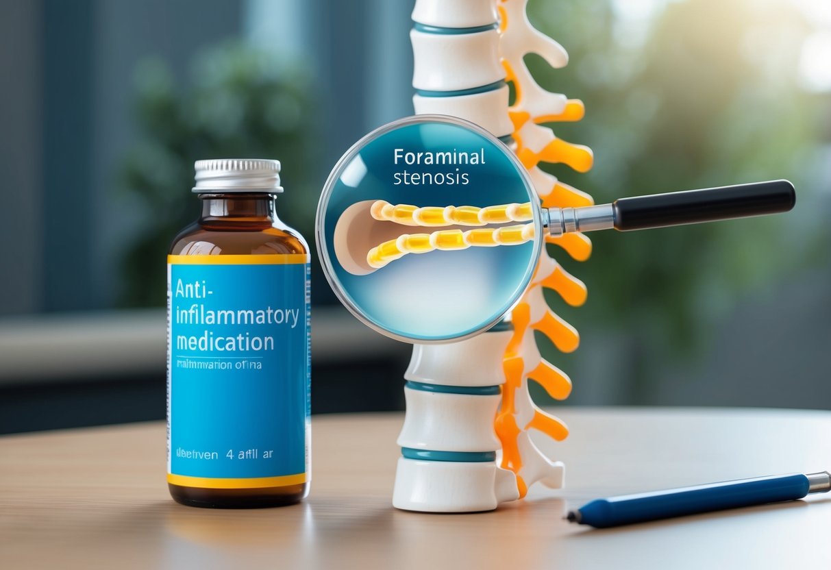 A bottle of anti-inflammatory medication sits on a table next to an anatomical model of the spine, with a magnifying glass highlighting the area of foraminal stenosis