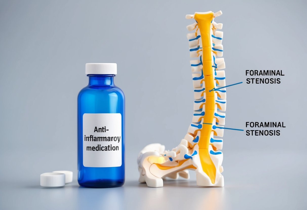 A bottle of anti-inflammatory medication sits next to an anatomical model of the spine, with a highlighted area showing foraminal stenosis