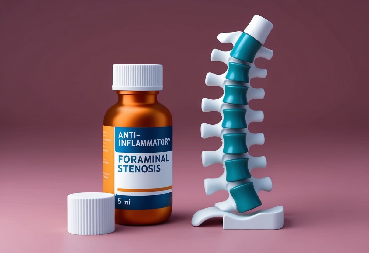 A bottle of anti-inflammatory medication sits next to a spinal model, illustrating treatment options for foraminal stenosis