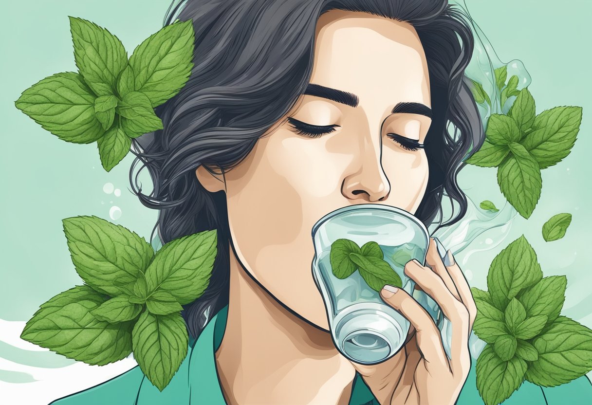 A person drinking water and chewing on mint leaves to combat coffee breath