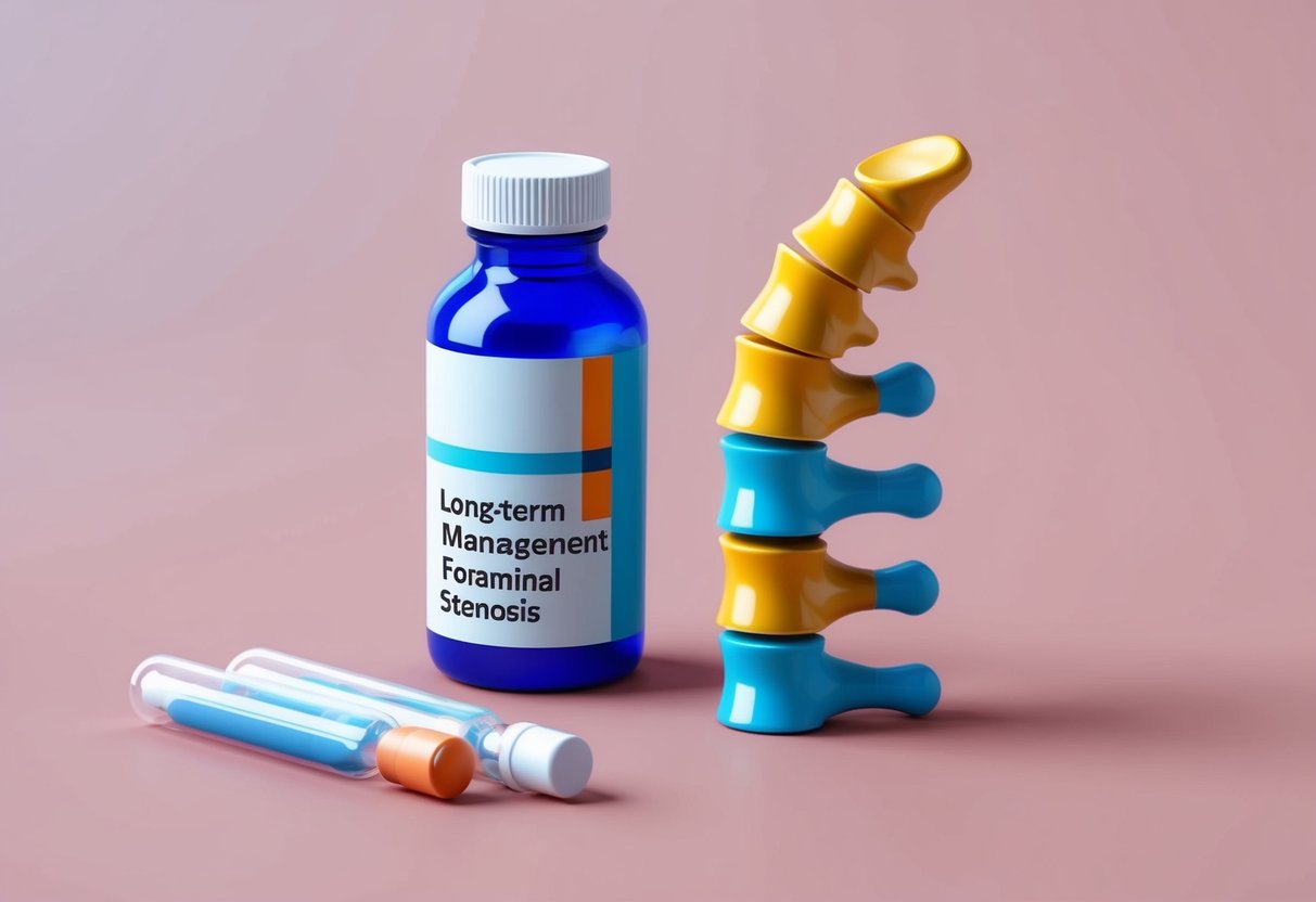 A bottle of anti-inflammatory medication sits next to a spine model, representing long-term management for foraminal stenosis