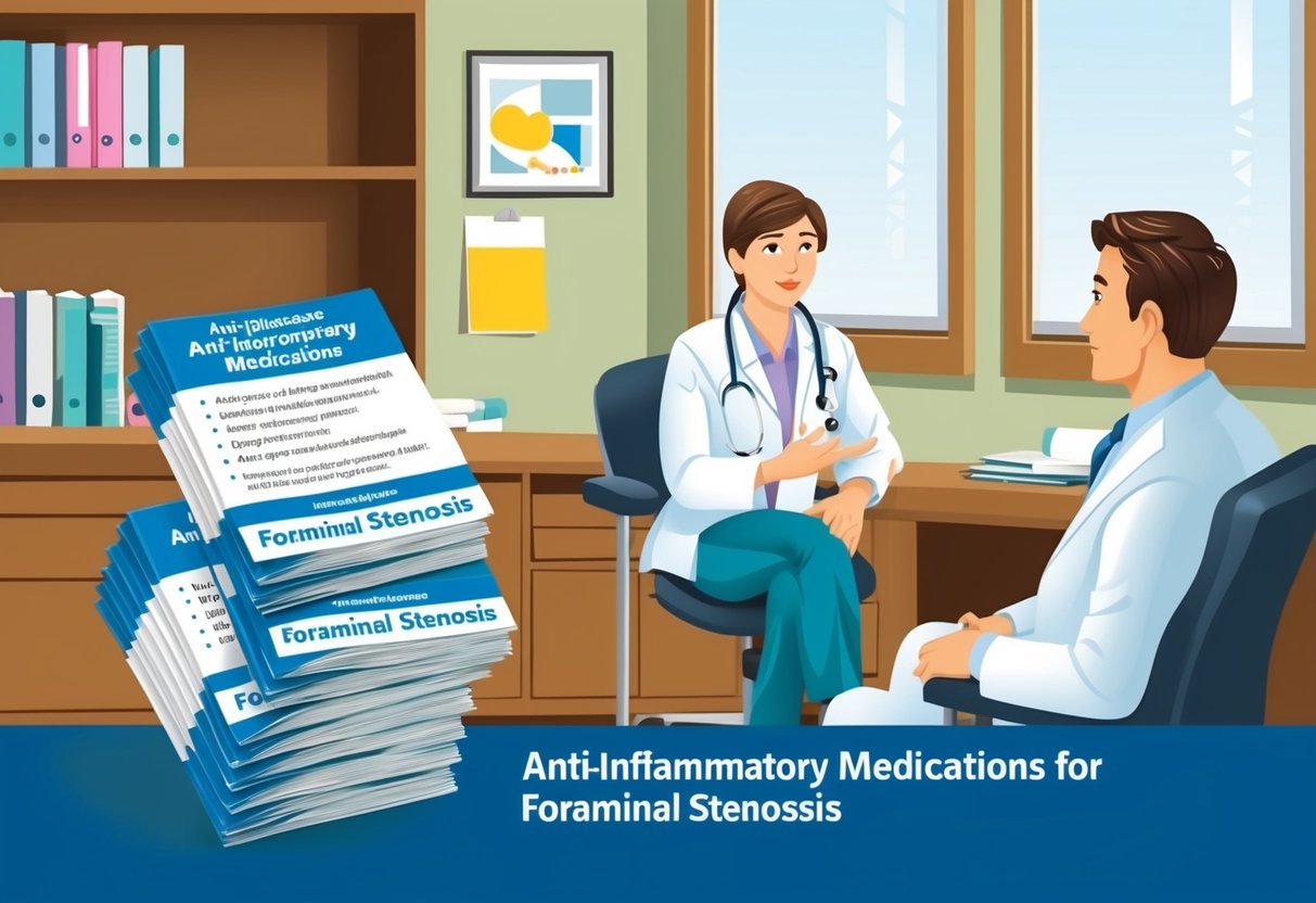 A doctor's office with a stack of pamphlets on anti-inflammatory medications for foraminal stenosis. A patient sits across from the doctor, asking questions